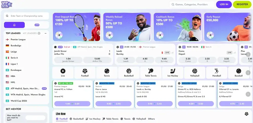 Vipsta sportsbook homepage with live events, featured matches, boosted odds, and betting markets for football, tennis, basketball, and other sports
