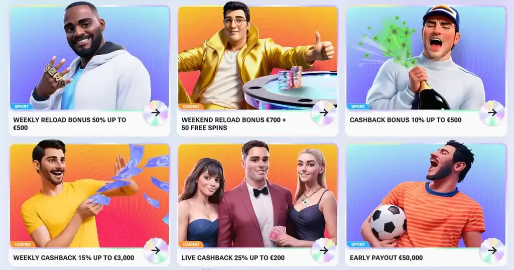 Vipsta recurring promotions gallery showcasing various casino and sports offers, including weekly reloads, cashback, and sports-specific bonuses like early payout.