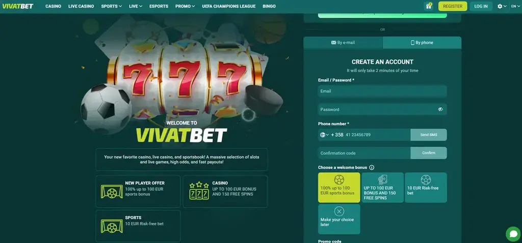 Vivatbet Casino homepage with registration form and welcome bonus selection