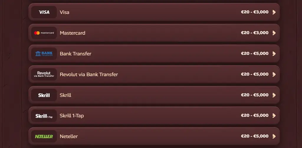 Roostino casino payment methods including Visa, Mastercard, bank transfer, Skrill, Neteller and Revolut