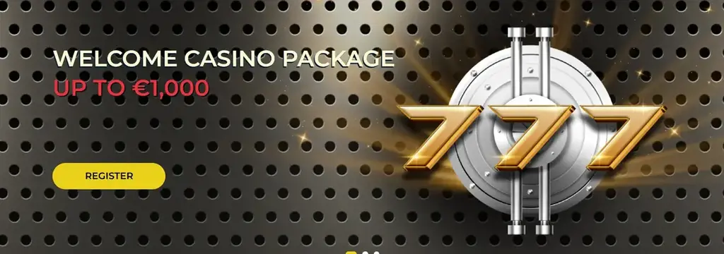 777Vault Casino welcome package banner showing bonus up to €1,000