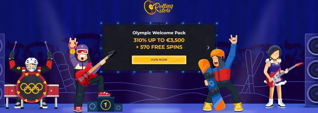 RollingSlots Casino Olympic Welcome Pack 310% up to €3,500 with 570 free spins.