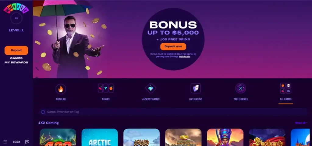 Wheelz Casino Home Page