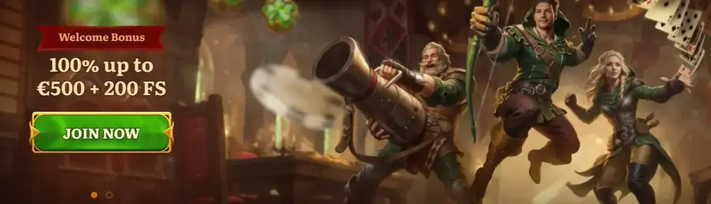 Wild Robin Casino welcome bonus banner showing a 100% match up to €500 plus 200 free spins.