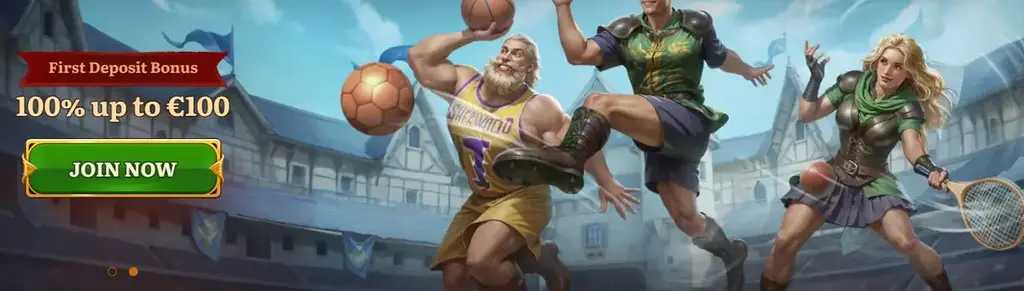 Wild Robin Casino sports bonus banner offering a 100% first deposit bonus up to €100.