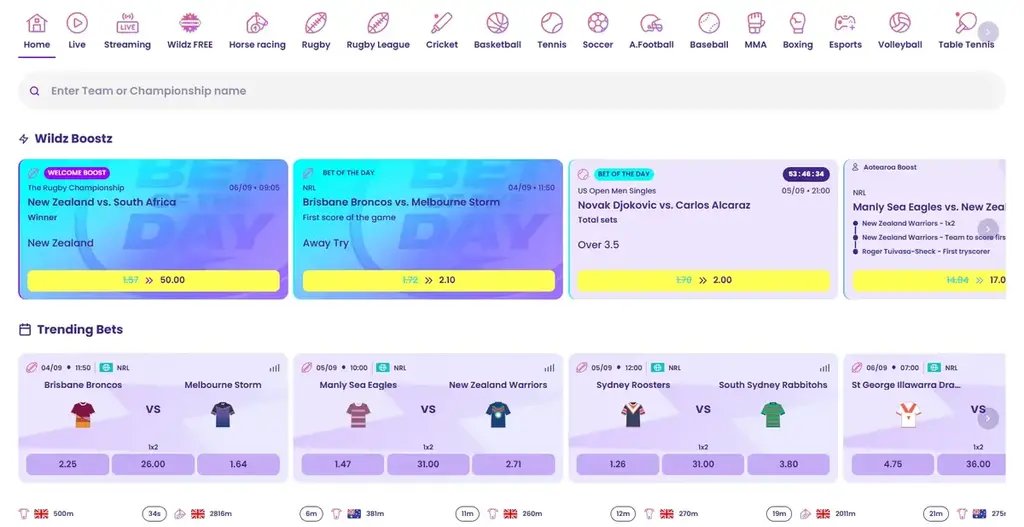 Wildz Casino Sportsbook widget for Sports Bets in New Zealand