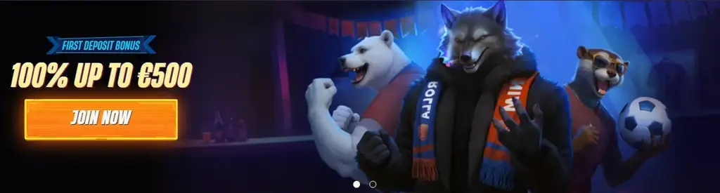 Win Rolla Casino first deposit bonus banner showing 100% bonus up to €500