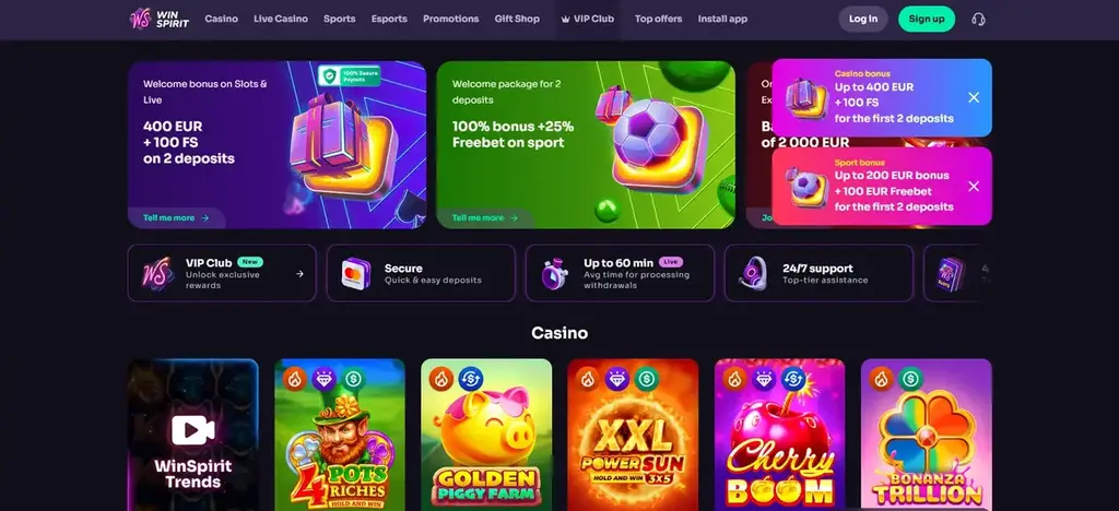 WinSpirit Casino homepage showing welcome bonuses, slots, live casino, and sportsbook sections.