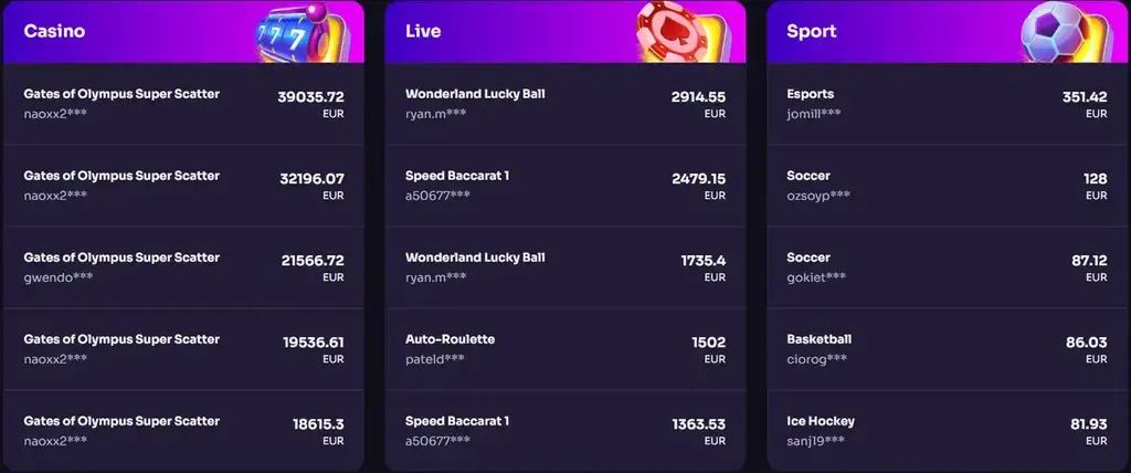 WinSpirit Casino leaderboard showing recent big wins across casino, live games, and sports betting.