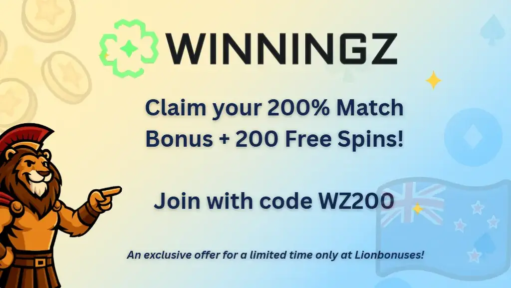 Exclusive Winningz Casino offer from Lionbonuses NZ: 200% match bonus and 200 free spins.