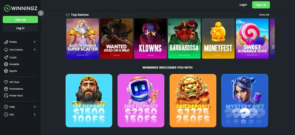 Winningz Casino homepage with top pokies, bonuses, and signup options for Kiwi players.