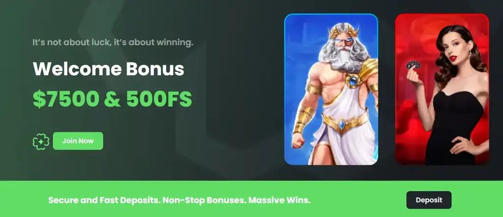 Winningz Casino welcome bonus banner offering up to $7500 and 500 free spins.