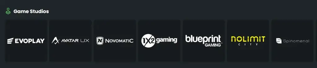 Winningz Casino game studios including Evoplay, Avatar UX, Novomatic, 1x2 Gaming, Blueprint, Nolimit City, and Spinomenal.