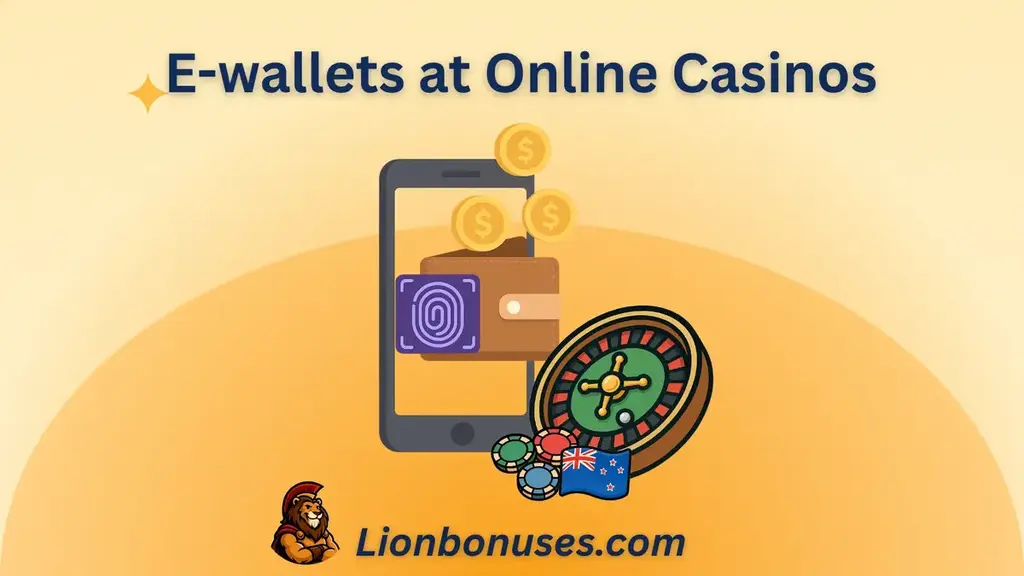 E-wallets at online casinos: digital wallet and smartphone with casino chips and roulette wheel, LionBonuses New Zealand design