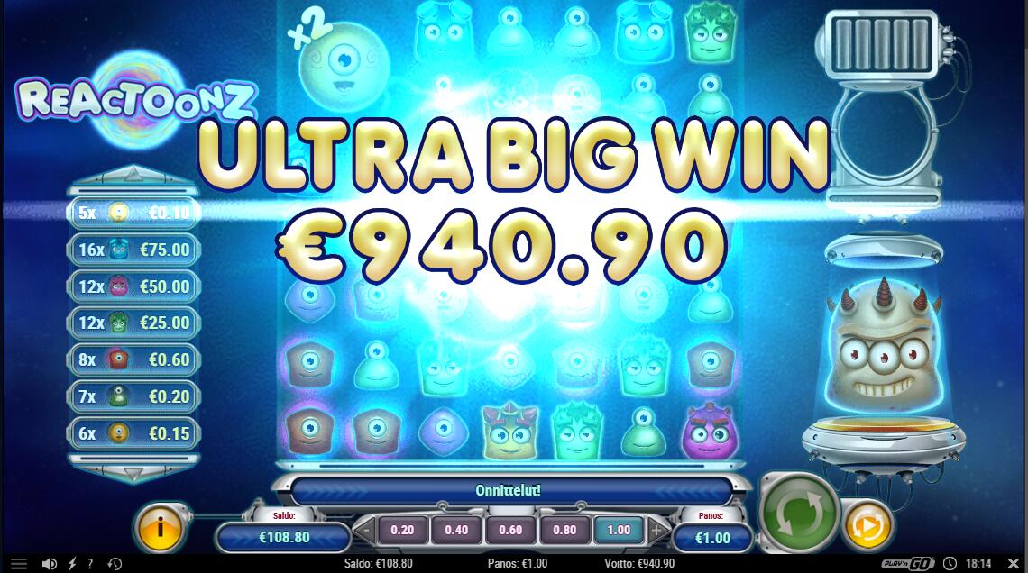 Reactoonz – Wheelz (940.9 EUR / 1 bet) | Kapteni85