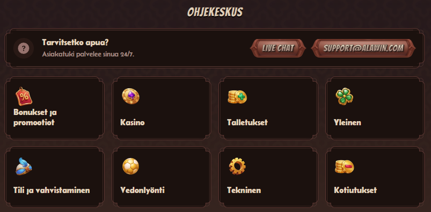 Alawin Casinon ohjekeskus, jossa on painikkeet live-chattiin ja asiakastukeen (support@alawin.com) sekä UKK-kategoriat: bonukset, kasino, talletukset, yleinen, tili, vedonlyönti, tekninen ja kotiutukset.