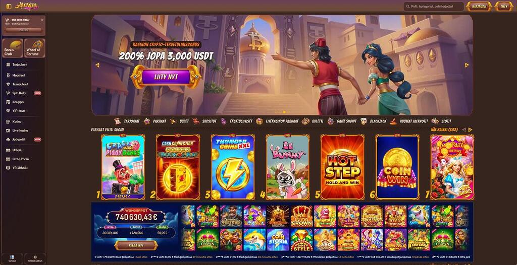 Alawin Casinon etusivu, jossa näkyy 200 % krypto-tervetuliaisbonus 3 000 USDT asti, vasemman reunan sivuvalikko eri peliosioilla ja listaus suosituista kolikkopeleistä.