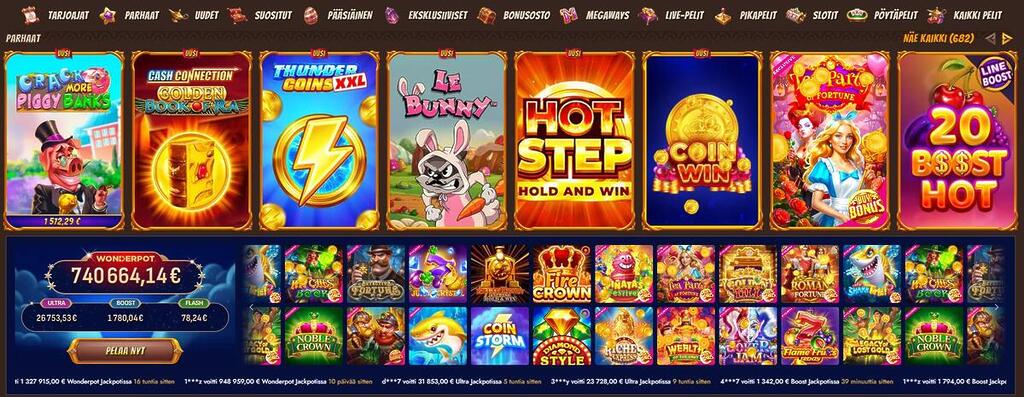 Alawin Casinon peliaula, jossa on kategorioita kuten parhaat, uudet, suositut ja eksklusiiviset pelit. Esillä on useita kolikkopelejä ja Wonderpot-jättipotin reaaliaikainen summa.