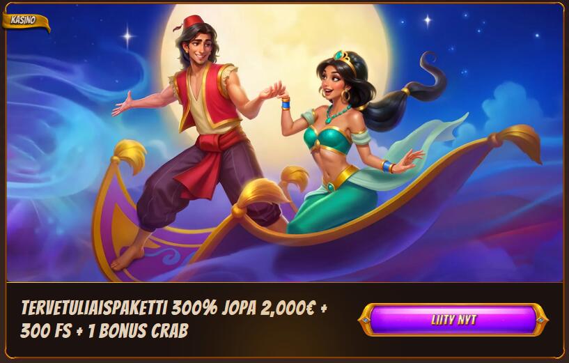 Alawin Casinon tervetuliaispaketti-banneri: 300 % bonus 2 000 € asti + 300 ilmaiskierrosta ja 1 Bonus Crab. Kuvituskuvassa Aladdin ja Jasmine lentävällä matolla.