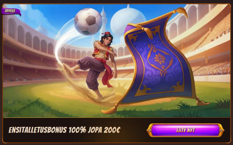 Alawin Casinon urheilun tervetuliaisbonus-banneri: 100 % ensitalletusbonus 200 € asti. Kuvituksessa Aladdin potkaisee jalkapalloa stadionilla.