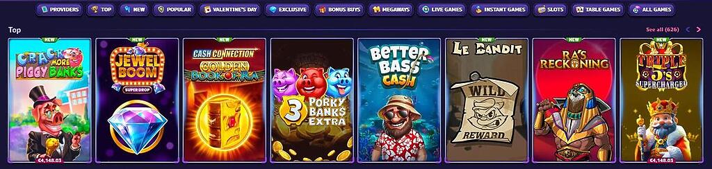 Alfcasino game library showing popular titles including Crack More Piggy Banks, Jewel Boom, Golden Book of Ra, and Le Bandit. The top menu includes filters for New, Live Games, Megaways, and Table Games.