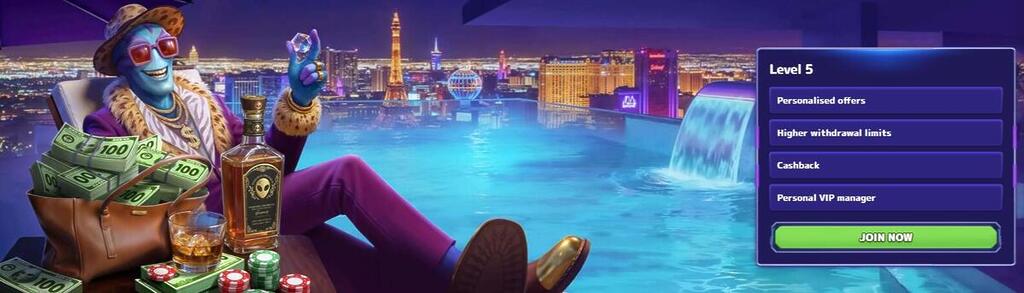 Alfcasino VIP program Level 5 presentation listing benefits such as personalised offers, higher withdrawal limits, Cashback, and a personal VIP manager. The background features a luxury-themed illustration by a rooftop pool.