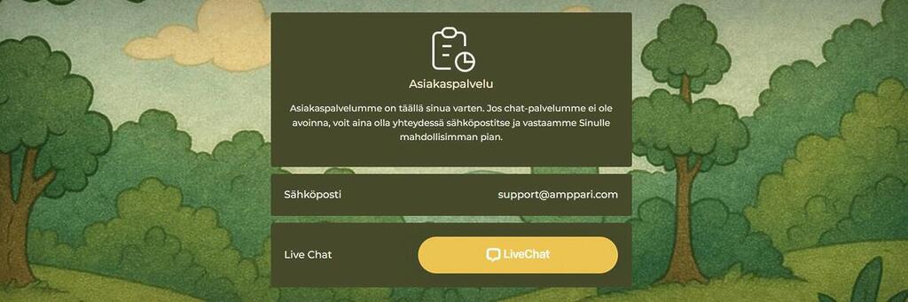 Amppari Casinon asiakaspalvelusivu, josta löytyy painike live-chatiin sekä sähköpostiosoite support@amppari.com.