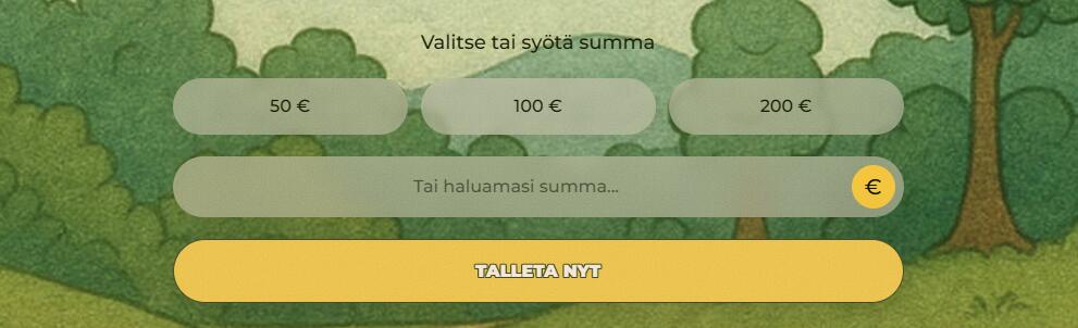 Amppari Casinon talletusvalikko, jossa on pikavalinnat 50 €, 100 € ja 200 € talletuksille sekä kenttä vapaavalintaiselle summalle.