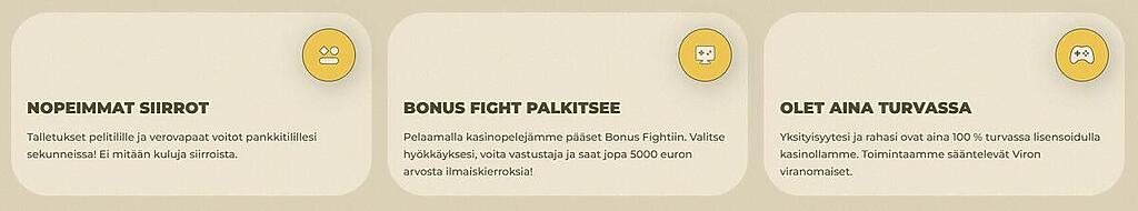Amppari Casinon tärkeimmät ominaisuudet: nopeimmat siirrot sekunneissa, Bonus Fight -palkinnot jopa 5000 euroon asti ja turvallinen peliympäristö Viron lisenssillä.