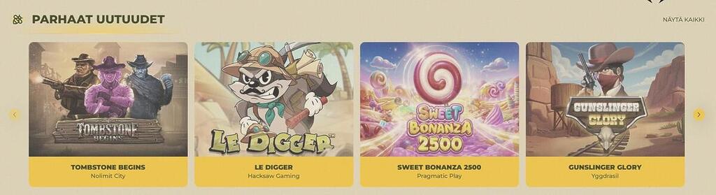 Amppari Casinon parhaat uutuuspelit, kuten Tombstone Begins, Le Digger, Sweet Bonanza 2500 ja Gunslinger Glory.