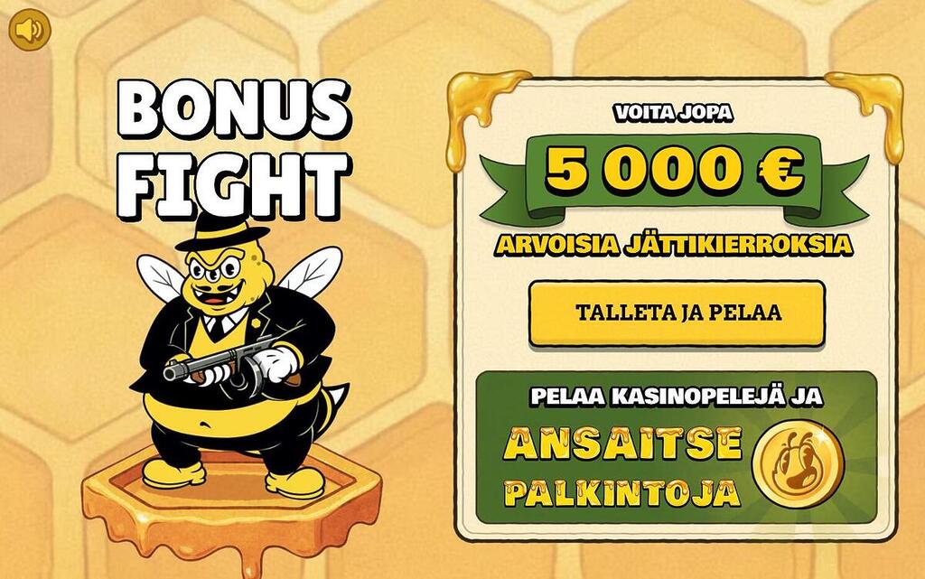 Amppari Casinon Bonus Fight -tervetuliaisetu, jossa pelaamalla kasinopelejä voi voittaa jopa 5 000 euron arvoisia jättikierroksia. Kuvassa nähdään mafioso-teemainen mehiläishahmo.