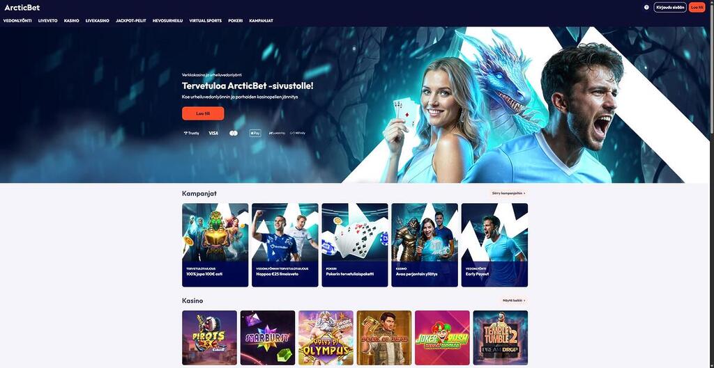 Arcticbet Casinon suomenkielinen etusivu, jossa näkyy pääbanaani, kampanjoita ja suosittuja kolikkopelejä.