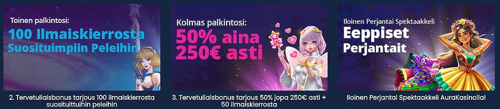 Aura Casinon bonustarjoukset: 100 ilmaiskierrosta toiselle talletukselle, 50% bonus kolmannelle talletukselle ja Eeppiset Perjantait -kampanja.