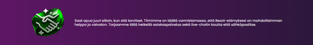 Beazt Casinon asiakaspalvelusta kertova banneri, jossa mainitaan ympärivuorokautinen tuki sekä live-chatin ja sähköpostin välityksellä saatava apu.