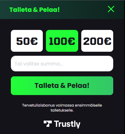 Beazt Casinon Trustly-pikatalletusikkuna, jossa voi valita talletussummaksi 50€, 100€ tai 200€ sekä siirtyä pelaamaan ilman rekisteröitymistä.