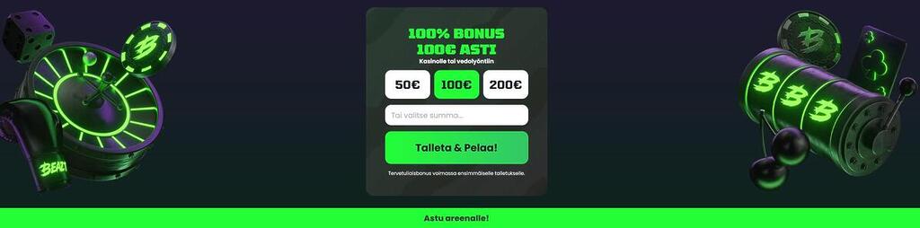 Beazt Casinon neongreenillä teemalla toteutettu kampanjabanneri, jossa mainostetaan 100% bonusta 100€ asti kasinolle tai vedonlyöntiin ruletin ja kolikkopelin kuvituskuvien kera.