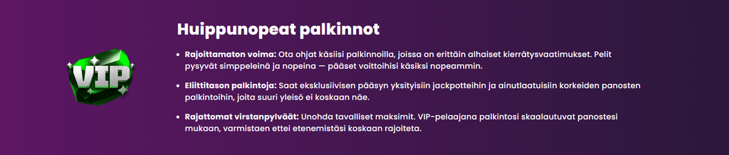 Beazt Casinon VIP-ohjelman etuja esittelevä osio, jossa vihreän jalokiven vieressä listataan huippunopeat palkinnot, matalat kierrätysvaatimukset ja yksityiset jackpotit.