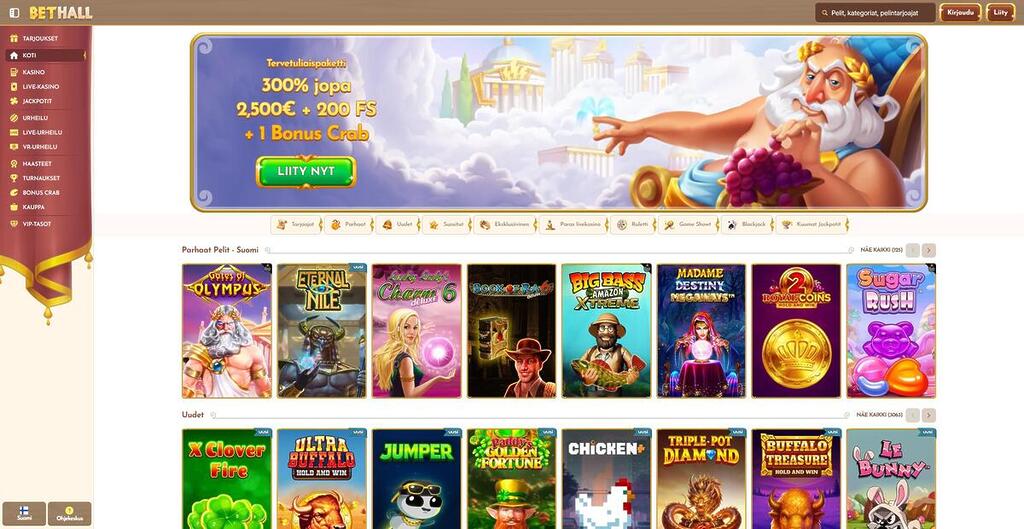 Bethall Casinon suomenkielinen etusivu, jossa mainostetaan tervetuliaispakettia ja näytetään pelivalikoimaa.