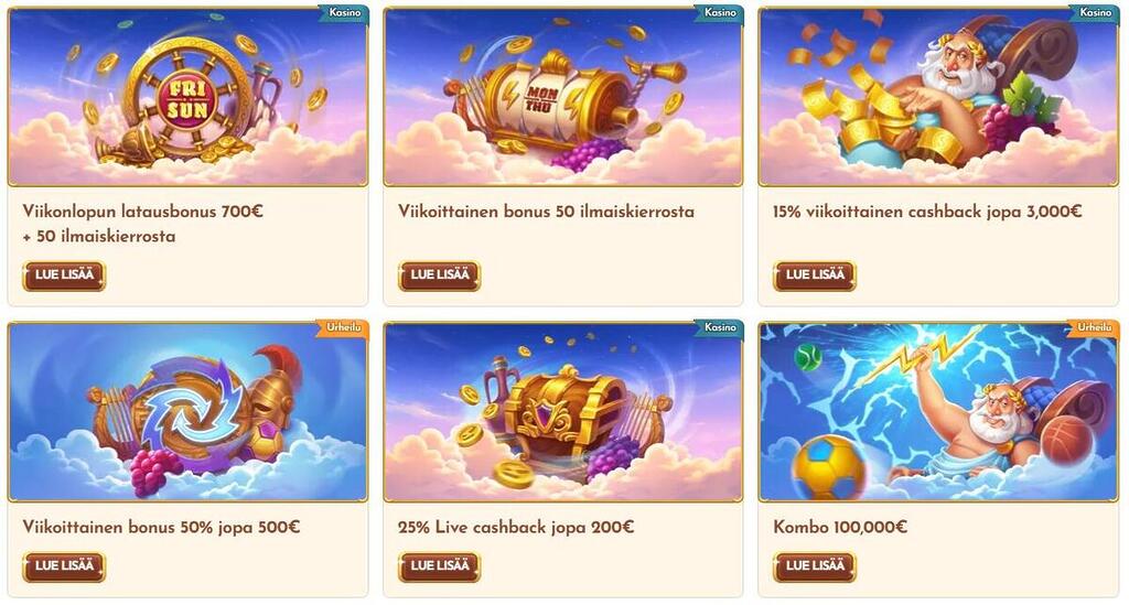 Bethall Casinon kampanjasivu, jossa on esillä bonuksia kasinolle, vedonlyöntiin ja livekasinon cashback-tarjouksia.