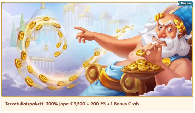 Bethall Casinon tervetuliaistarjous: 300% bonus jopa 2500€ asti, 200 ilmaiskierrosta ja Bonus Crab.
