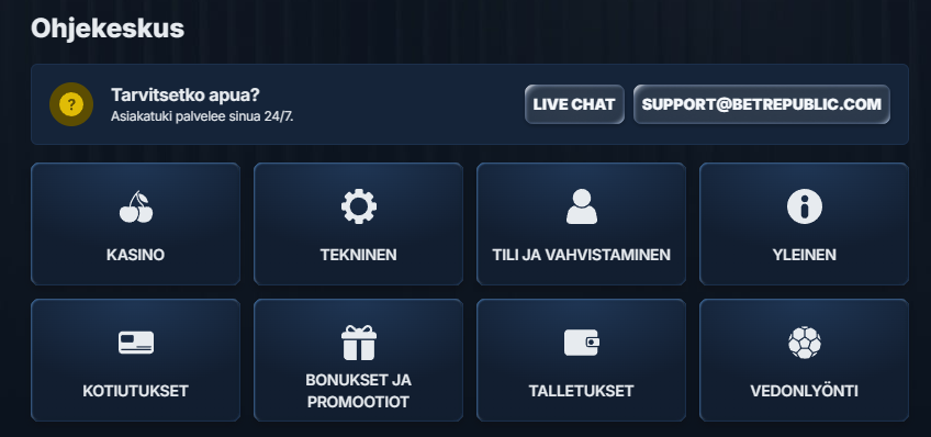BetRepublic-ohjekeskuksen sivu, josta löytyvät painikkeet live-chattiin ja sähköpostitukeen sekä pikalinkit eri ohjeaiheisiin, kuten kasinoon, kotiutuksiin ja bonuksiin.