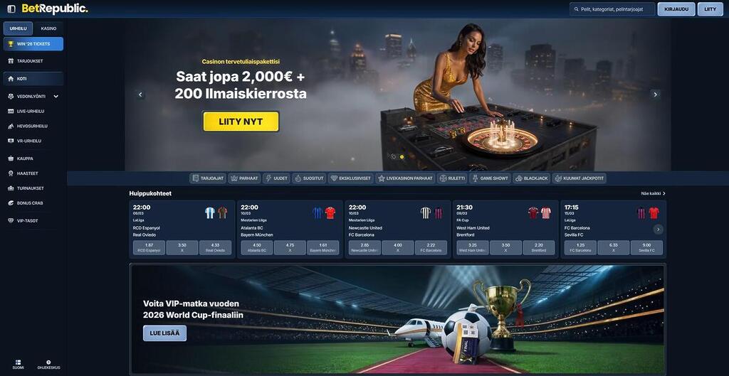 BetRepublic-kasinon etusivu, jossa mainostetaan 2 000 euron tervetuliaispakettia, 200 ilmaiskierrosta ja arvontaa VIP-matkasta vuoden 2026 MM-finaaliin.