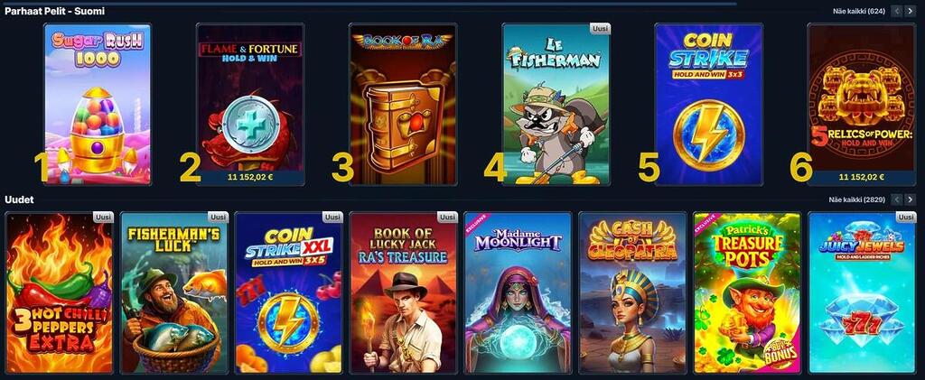 BetRepublic-kasinon pelivalikoimaa, jossa on listattuna parhaita ja uusia kolikkopelejä, kuten Sugar Rush 1000 ja Book of Ra.