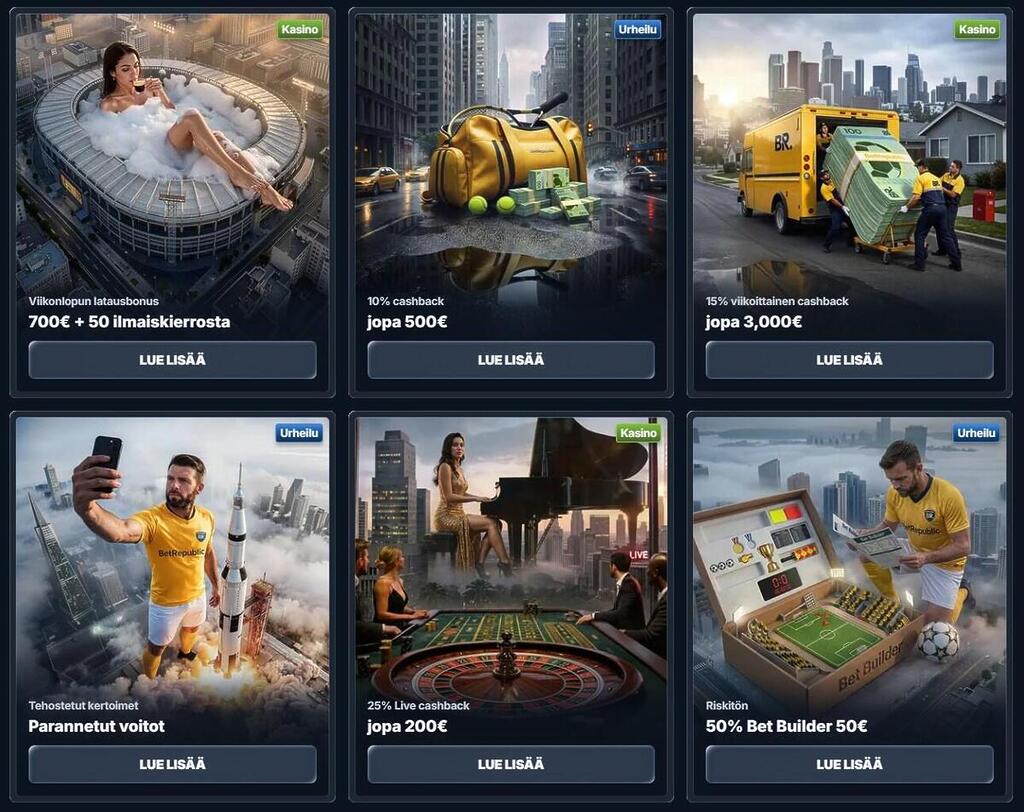 BetRepublic-sivuston tarjoussivu, jossa näkyy erilaisia etuja, kuten viikonlopun latausbonus, käteispalautuksia, tehostettuja kertoimia ja riskitön bet builder.