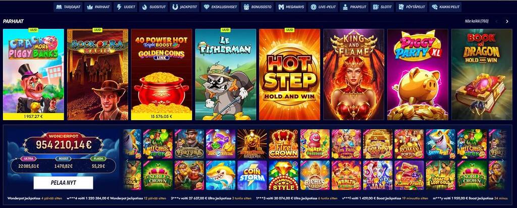 Betscore Casinon peliaula, jossa on useita kategorioita kuten Jackpotit, Megaways ja Live-pelit. Esillä olevissa peleissä näkyy muun muassa suuri 954 210 euron Wonderpot-jackpot.