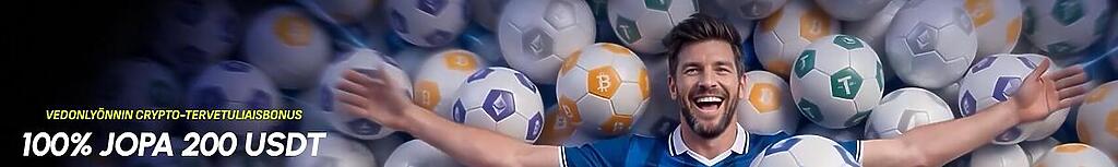 Betscoren vedonlyönnin krypto-tervetuliaisbonus: 100 % jopa 200 USDT asti. Kuvassa mies hymyilee jalkapallojen keskellä, joissa näkyy krypto-symboleita.