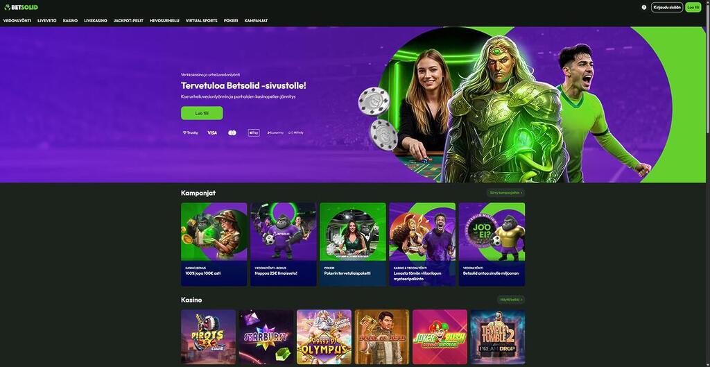 Betsolid Casinon suomenkielinen etusivu työpöytänäkymässä, jossa näkyy vihreä-violetti pääbanaani, ajankohtaisia kampanjoita ja kasinopelejä.