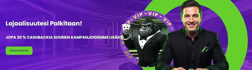 Betsolid Casinon VIP-ohjelman mainosbanaani, jossa luvataan jopa 30% cashbackia ja kuvassa esiintyy hymyilevä mies sekä gorillahahmo puvussa.