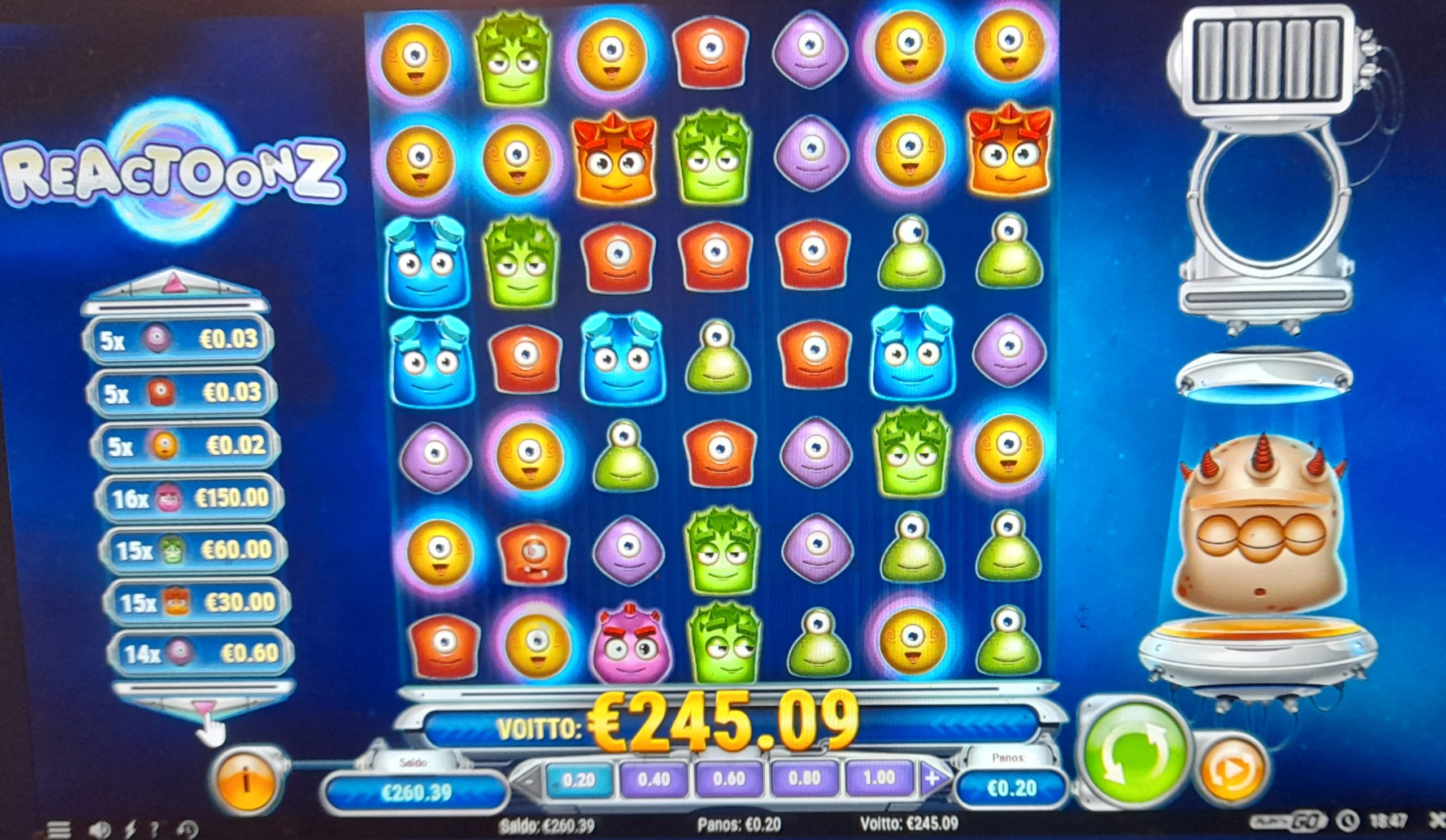 Reactoonz – UltraCasino (245.09 eur / 0.20 bet) | juugeli1