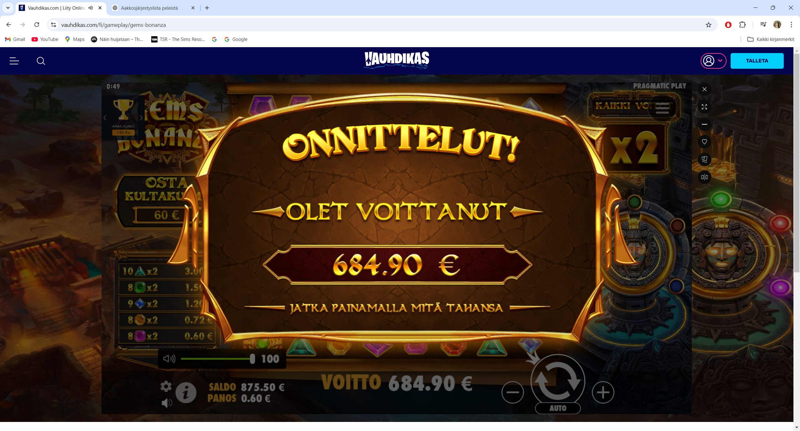 Gems Bonanza – Vauhdikas (684.90 eur / 0.60 bet) | Ihalaiska